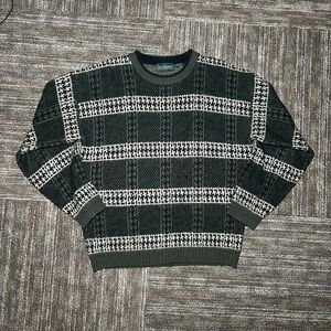 Hill & Archer Sweater Mens Medium Tan Green Plaid Chunky Knit Crewneck Vintage